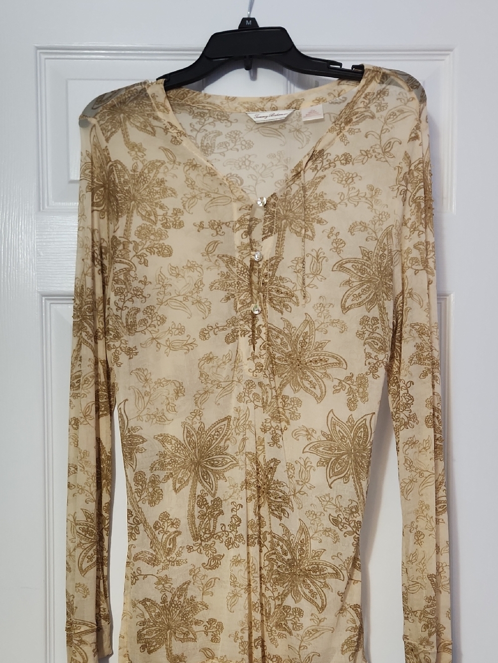 Tommy Bahama Cream & Tan Floral Silk Button Front Top